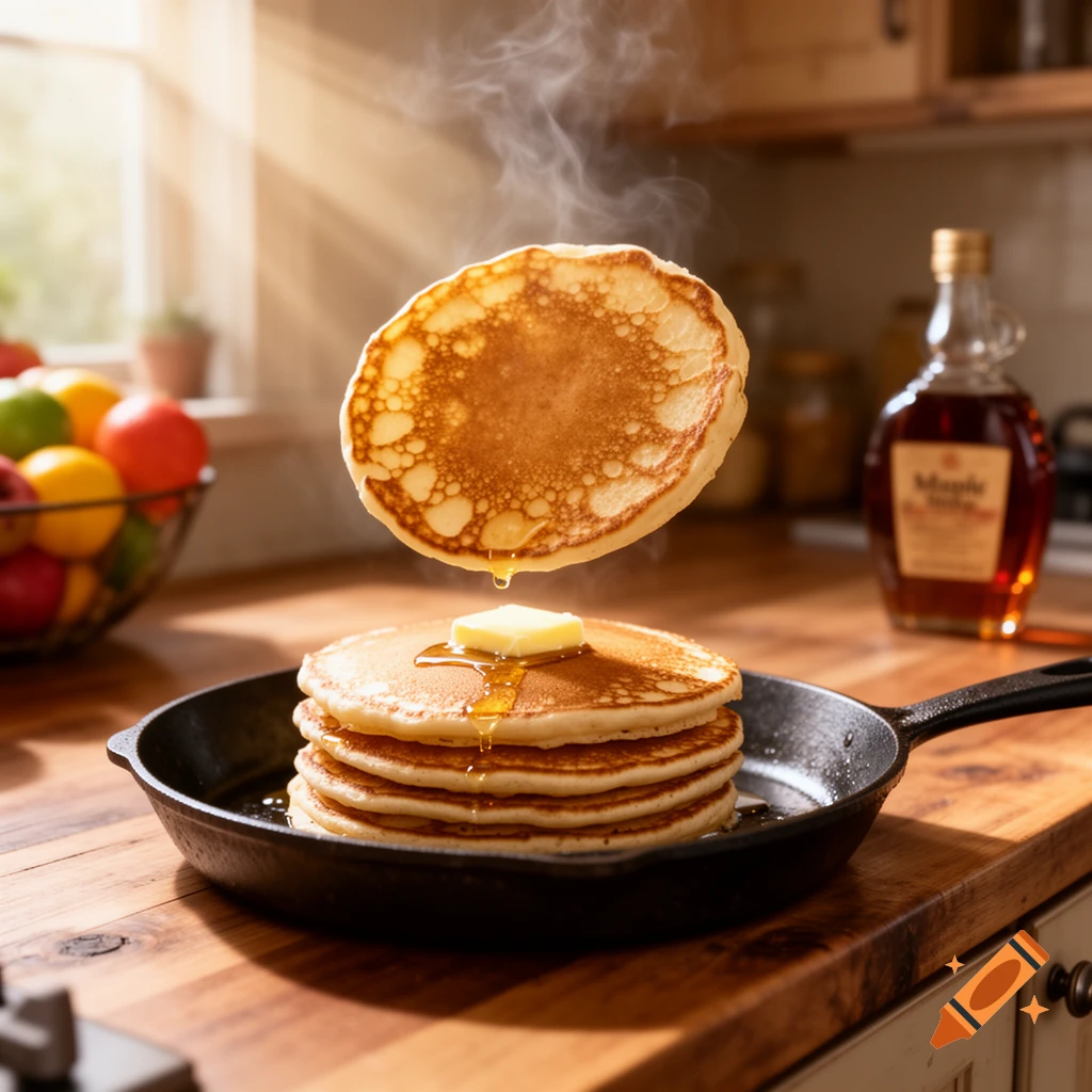 Steaming pancakes with butter and dripping syrup in a cast iron pan, one pancake floating, in a sunlit kitchen.