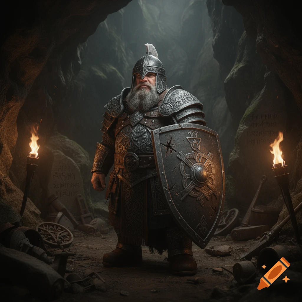 A heavily armored dwarf warrior with a long white beard holds a large shield in a torchlit cave.