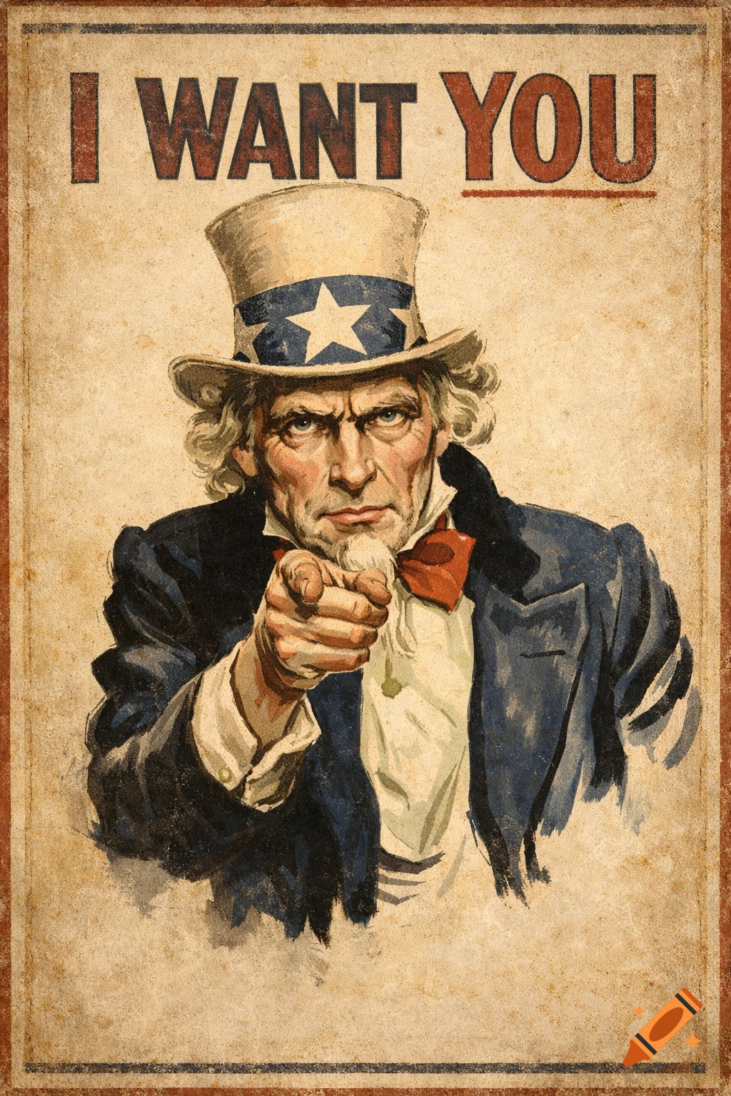 A vintage-style 'Uncle Sam' poster, depicting an older man in a top hat pointing directly forward, with the text 'I WANT YOU' above.