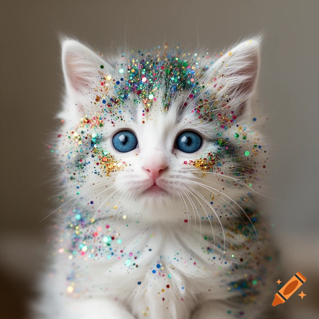 A close-up of a fluffy white kitten with bright blue eyes, covered in colorful glitter, looking directly forward.