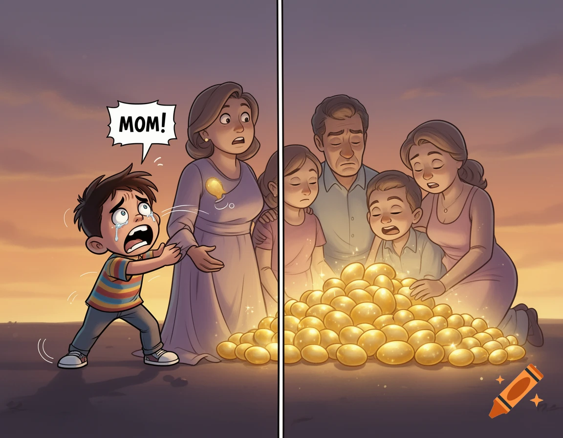 Cartoon illustration of a crying boy pulling his mother's sleeve as his family stares mesmerized at glowing golden eggs.
