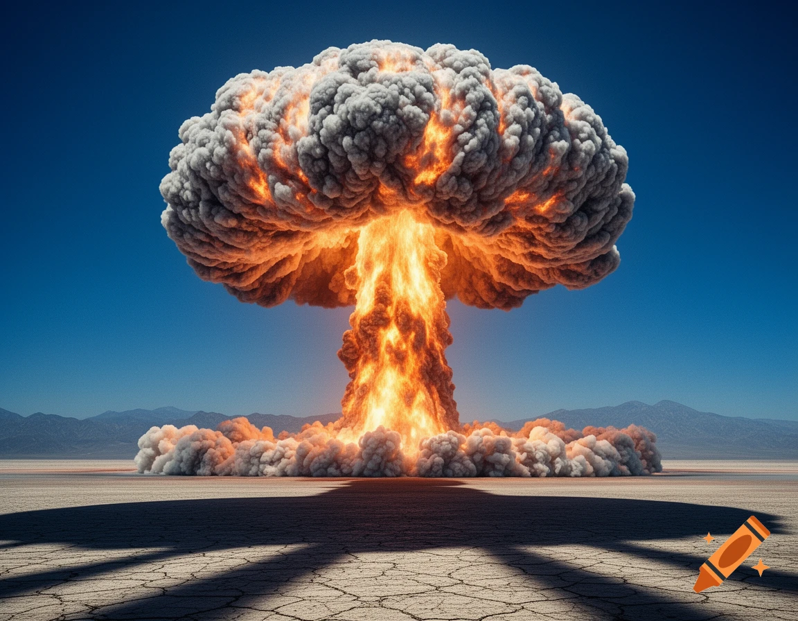A massive, fiery atomic bomb mushroom cloud rises from a cracked desert landscape under a clear blue sky, casting long shadows.