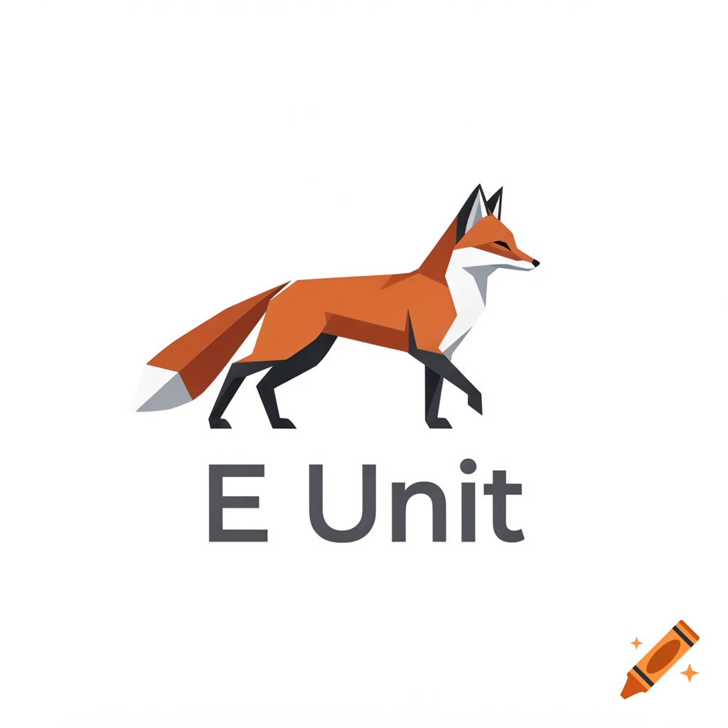 A geometric logo of an orange and white fox walking, with 'E Unit' text below, on a white background.