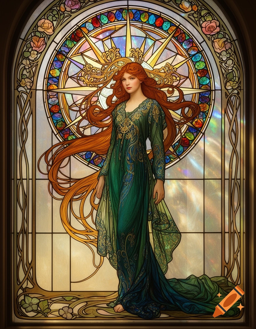 Art Nouveau stained glass window with a red-haired woman in a green dress against a colorful wind rose design.