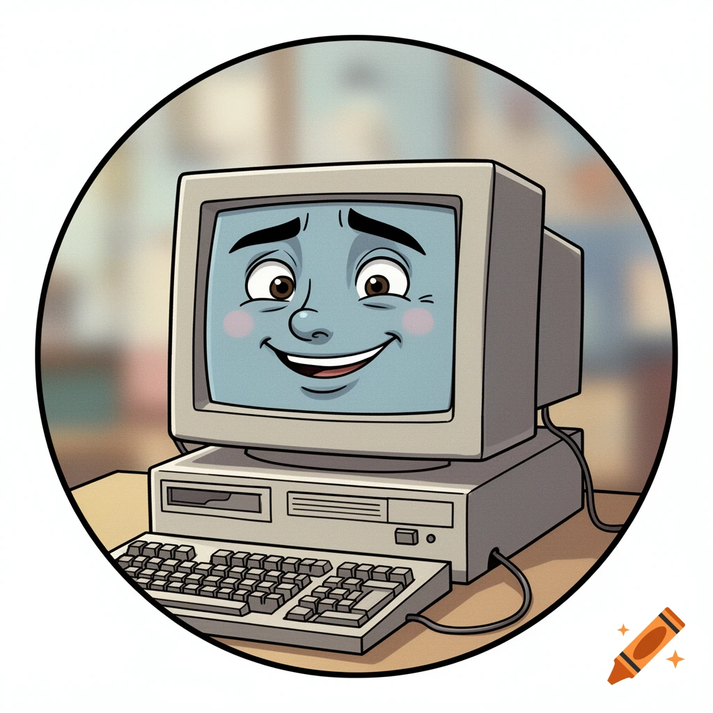 A 90s-style cartoon computer with an awkward smiling face on its screen, framed in a circle.