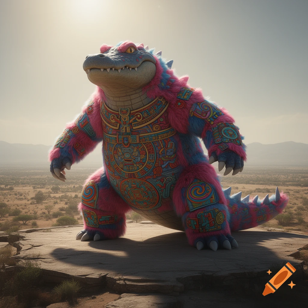 A fluffy pink and blue alligator-like creature, adorned with intricate Aztec and Egyptian motifs, stands on a rocky plain under a bright sky.
