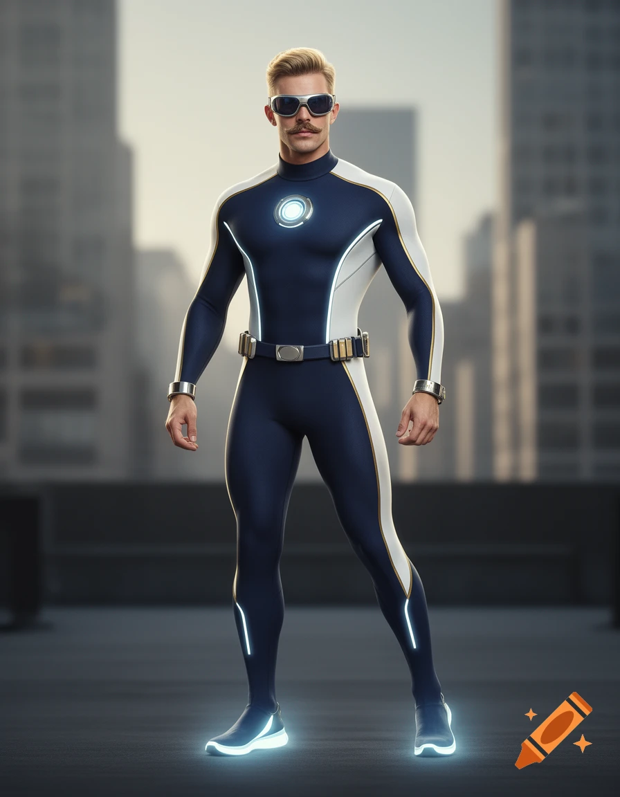 A dapper retro-futuristic superhero in a navy blue and white suit with glowing elements stands in an urban setting.