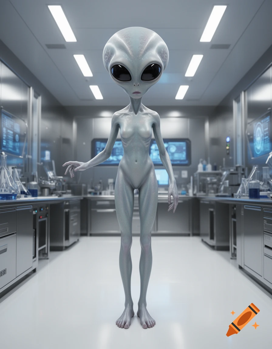 A photorealistic grey alien with a large head and big black eyes stands ...