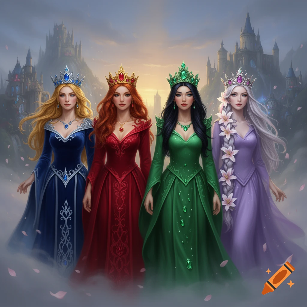 Four fantasy princesses in blue, red, green, and purple gowns with crowns stand before misty castles.