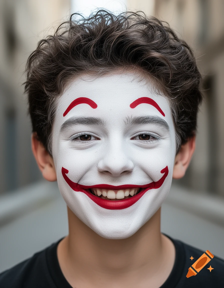 Close-up portrait of a smiling teen boy wearing white happy clown face paint with red eyebrows and mouth.