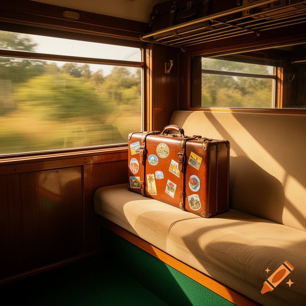A brown leather suitcase with travel stickers sits on a tan bench inside a vintage train car, with blurred green scenery passing outside the window.