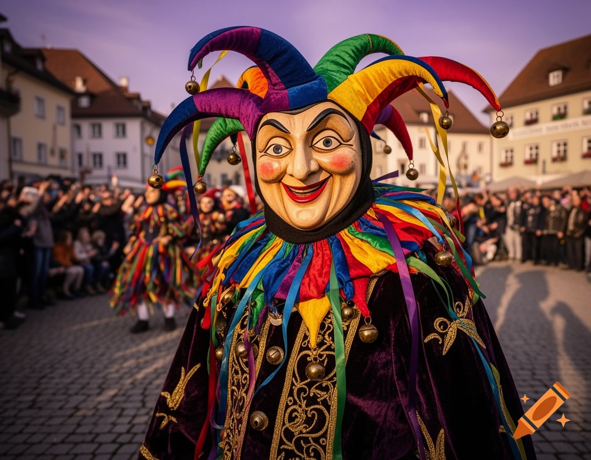 Close-up of a person in a vibrant jester costume with a wooden mask, bells, and ribbons, at a street carnival. Photorealistic.