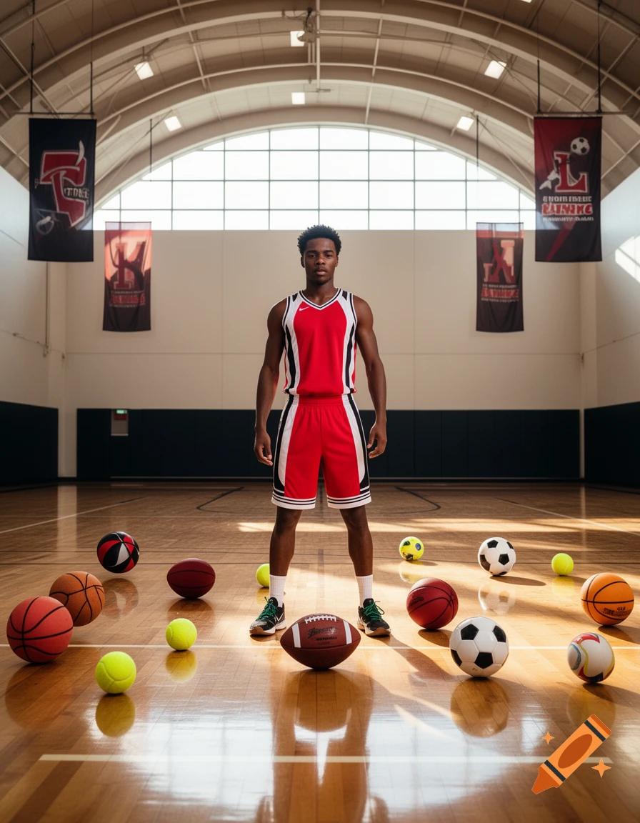 A young male athlete stands on a polished basketball court surrounded by basketballs, soccer balls, tennis balls, and a football.