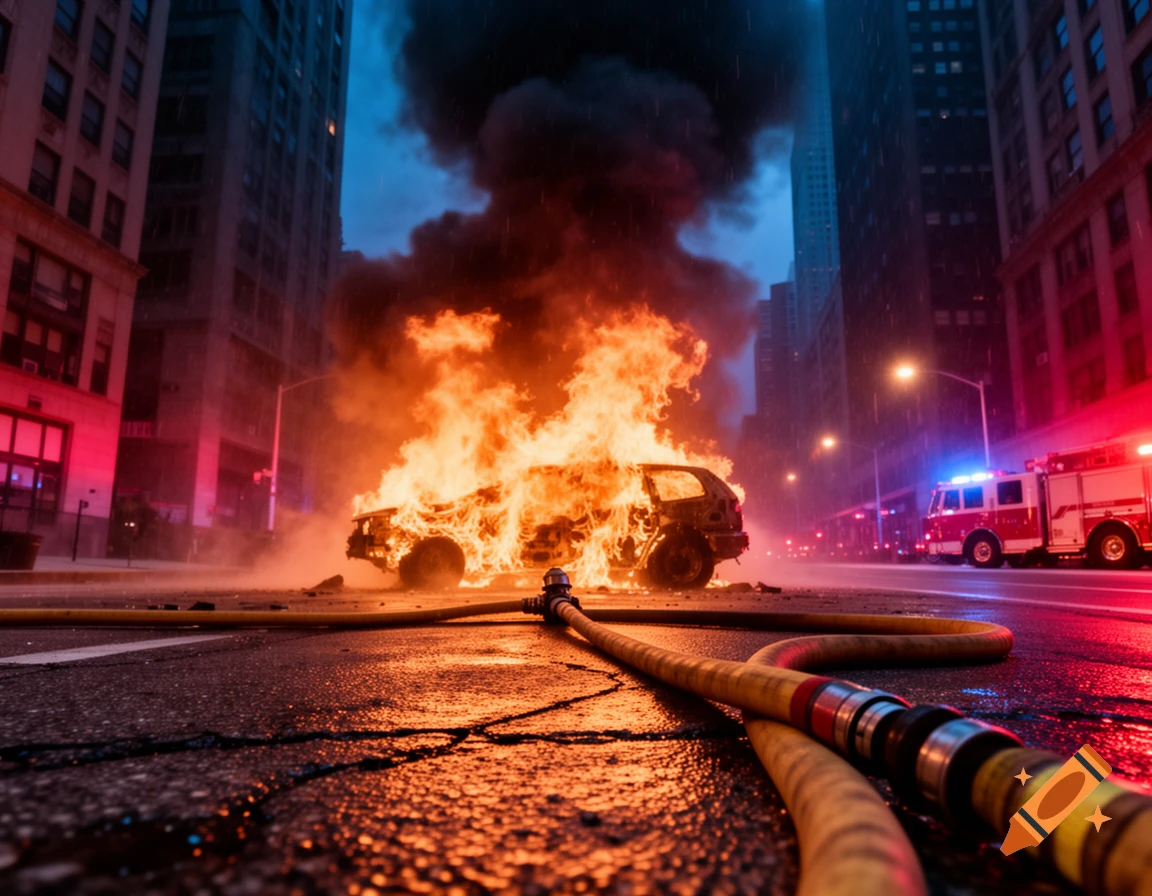 A car ablaze on a wet city street at night, with fire hoses in the foreground and a fire truck nearby.