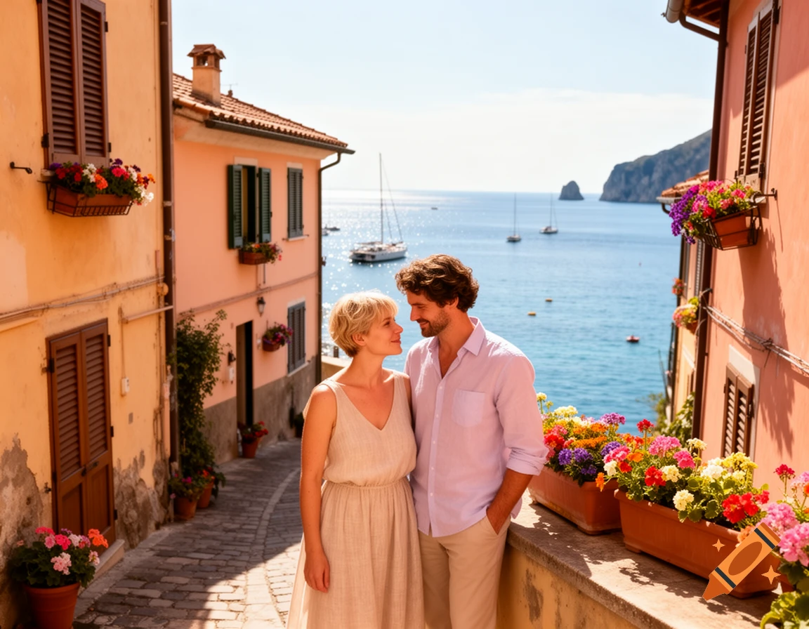 A couple standing in a charming, flower-lined alleyway of a colorful Mediterranean town, overlooking the sparkling blue sea with sailboats.