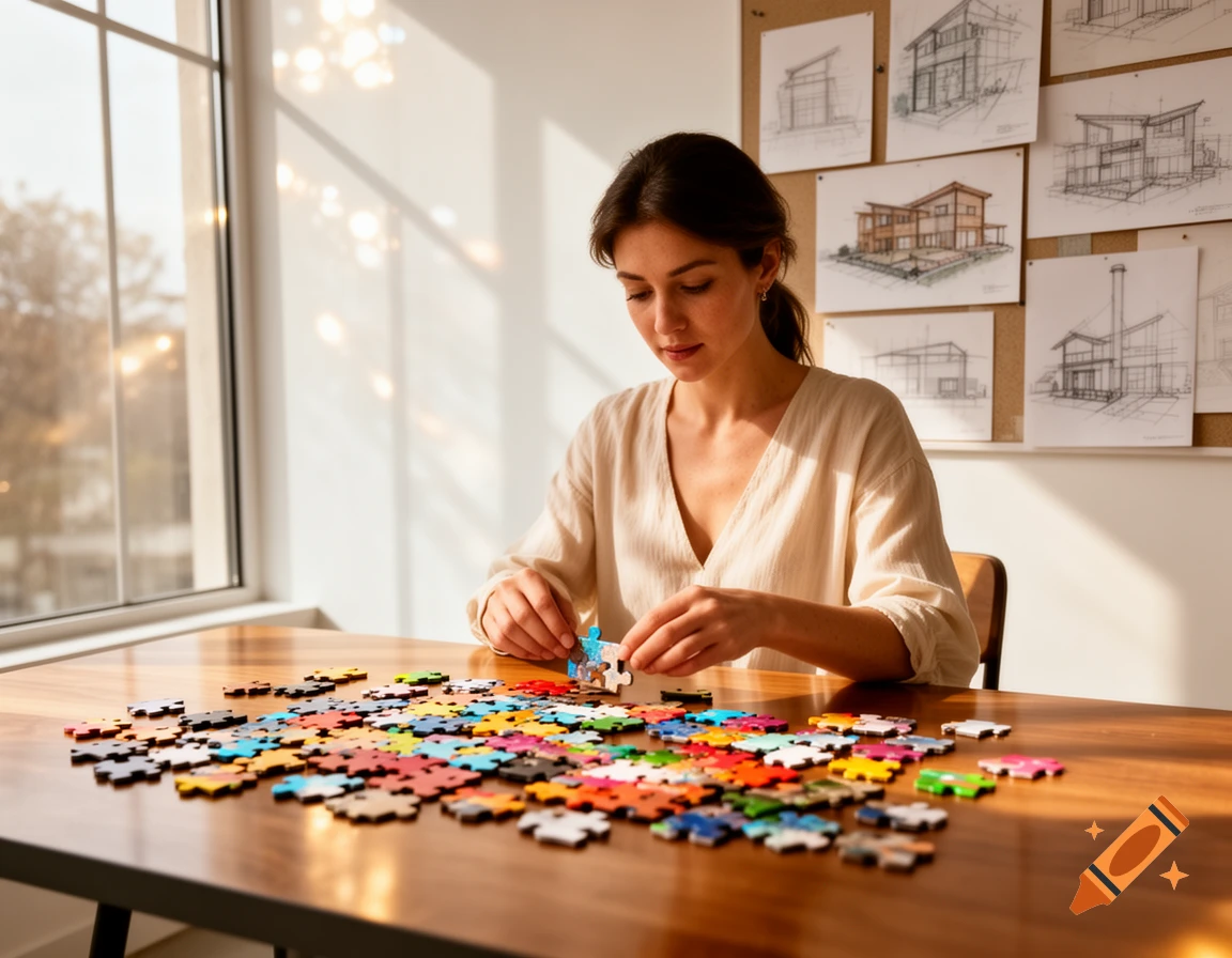 A woman with dark hair sits at a wooden table, assembling a colorful jigsaw puzzle in front of a window and architectural drawings.