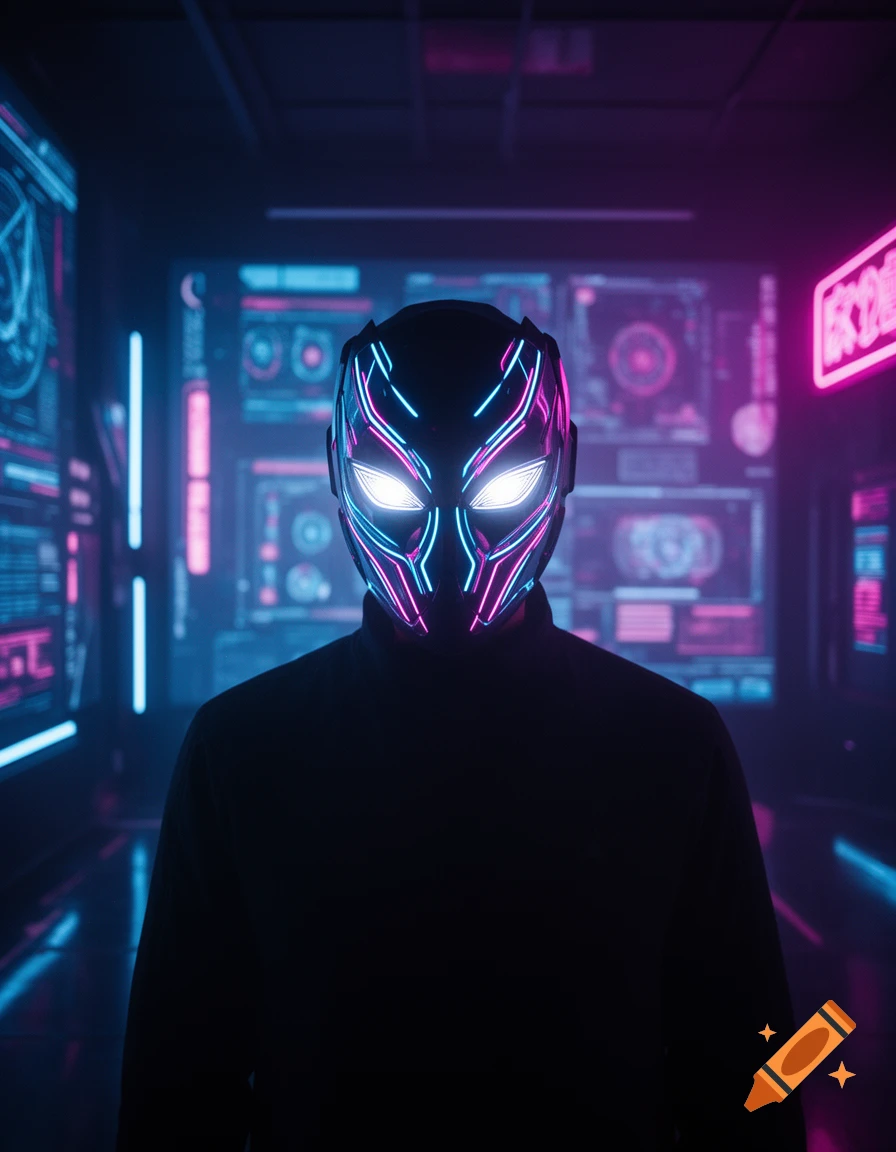 Person wearing a glowing futuristic LED mask in a dark, neon-lit cyberpunk room with glowing eyes and high contrast lighting.