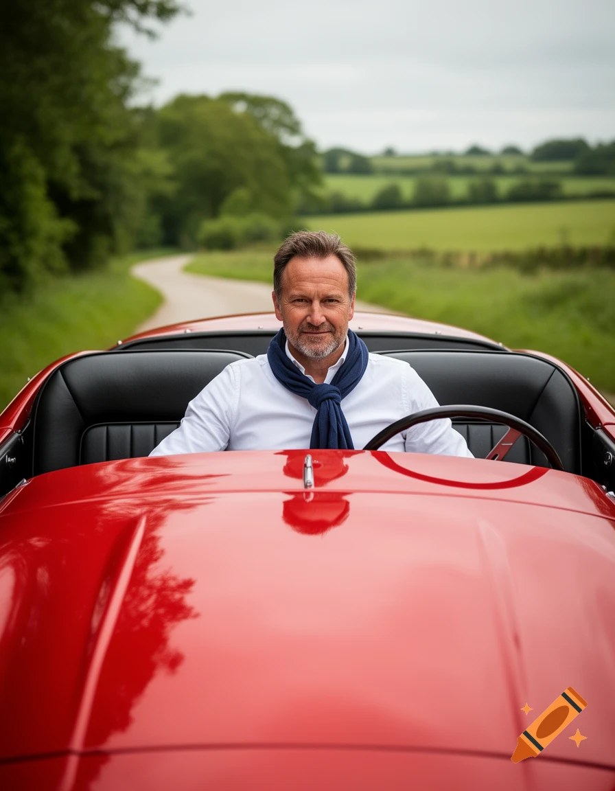 A smiling man in a white shirt and blue scarf drives a red classic convertible on a winding country road.