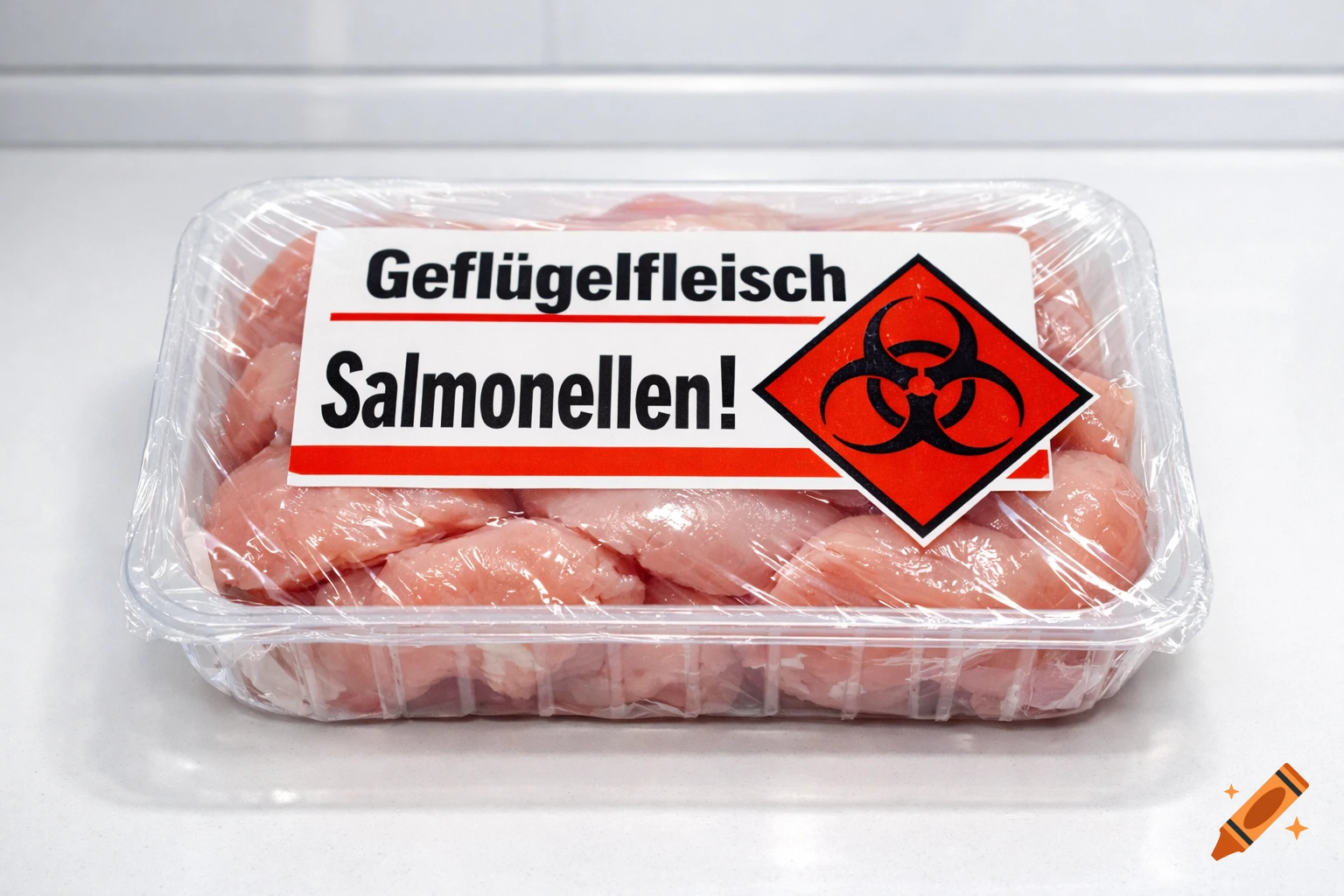 A clear plastic tray of raw poultry meat labeled 'Geflügelfleisch Salmonellen!' with a red biohazard symbol on a white surface.