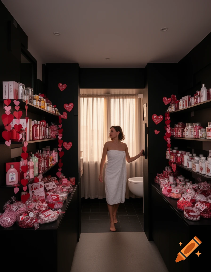 A woman wrapped in a white towel walks between shelves laden with Valentine's Day decorations, candy, and beauty products.
