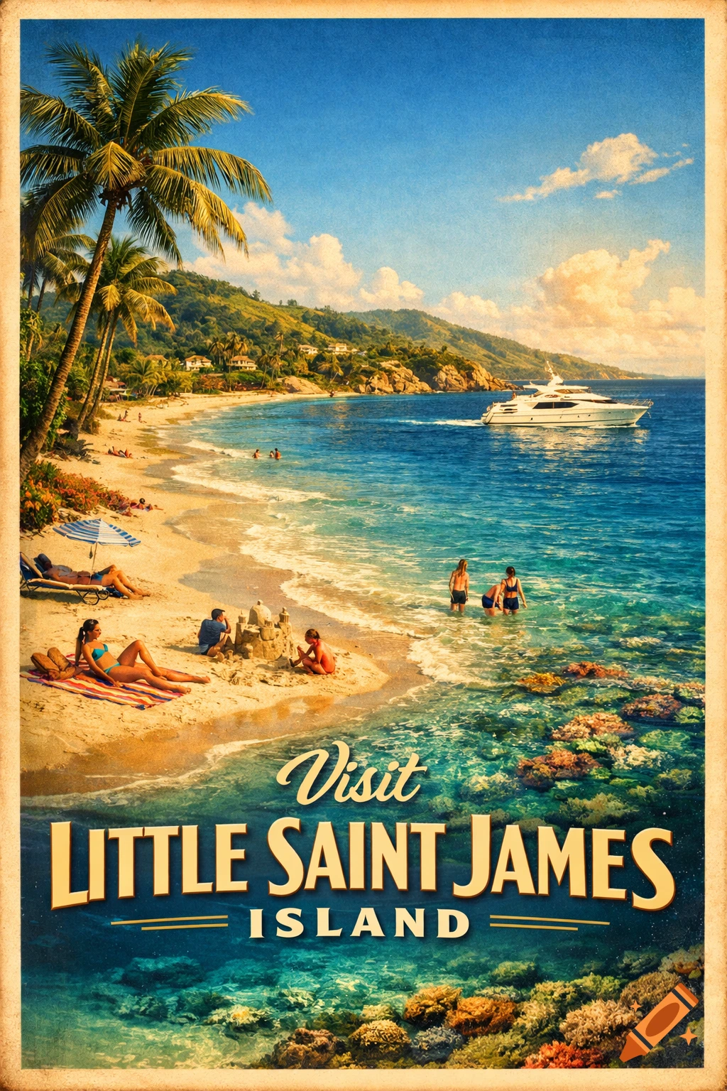A vintage travel poster for Little Saint James Island depicts a sunny tropical beach with palm trees, people, and a yacht on clear blue water.