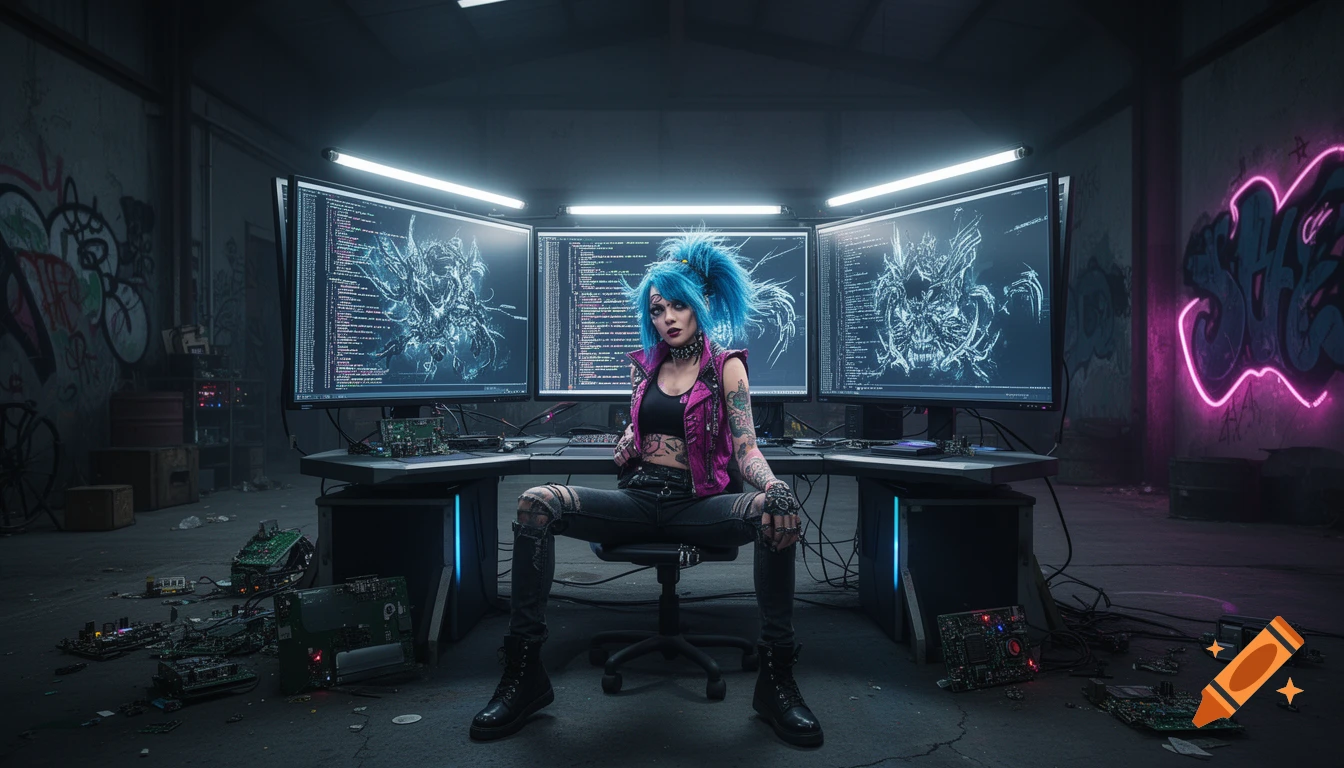 A punk woman with blue hair sits in an office chair surrounded by three computer monitors displaying code in a gritty, graffiti-covered room.