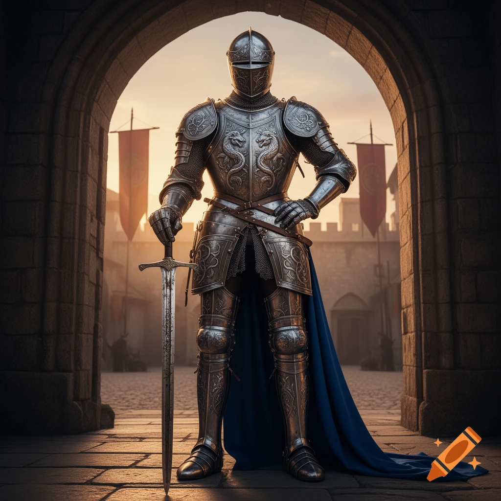 A knight in shining armor and a blue cape stands with a sword under a stone archway in a medieval castle courtyard at sunset.