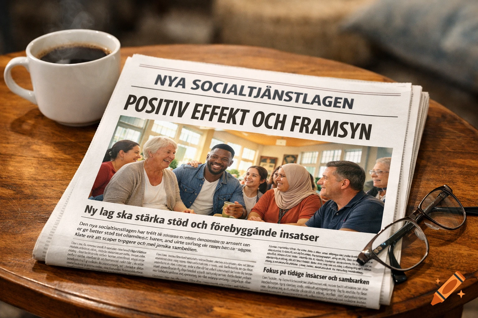 A newspaper with the headline "NYA SOCIALTJÄNSTLAGEN POSITIV EFFEKT OCH FRAMSYN" (NEW SOCIAL SERVICES ACT POSITIVE EFFECT AND FORESIGHT) showing a diverse group of smiling people. A cup of coffee and glasses are on a wooden table next to it.