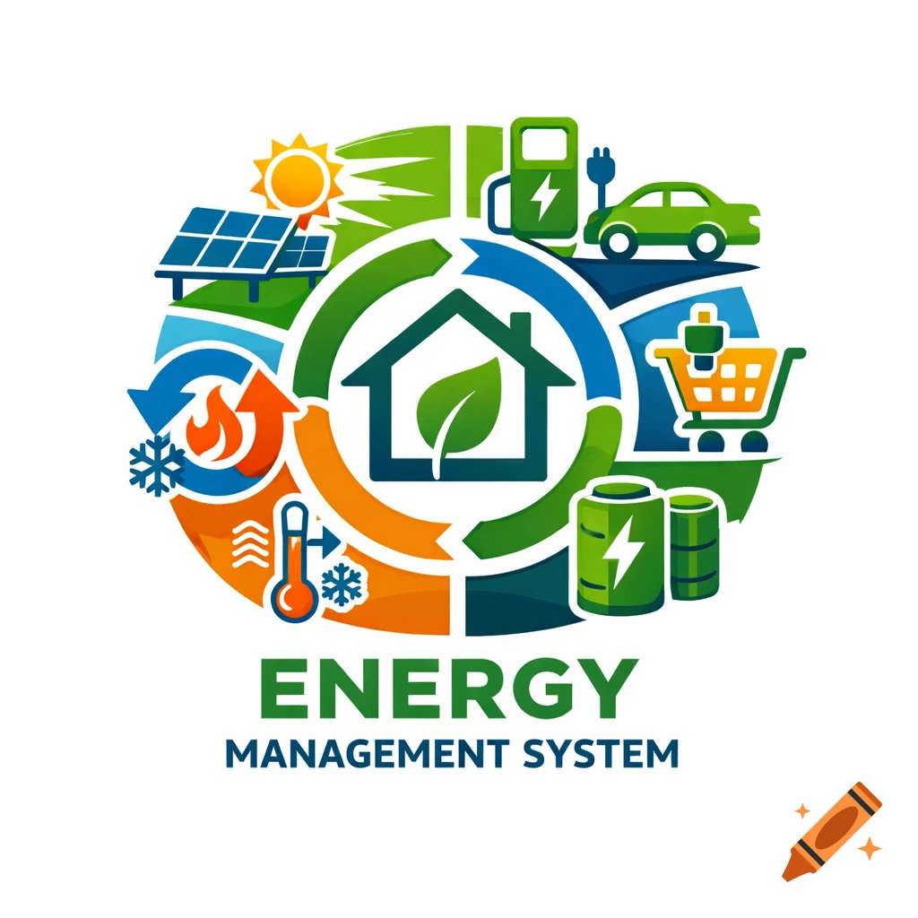 Illustrative logo for an energy management system with a house, solar panels, EV charging, batteries, and HVAC icons in a circular flow, with text.