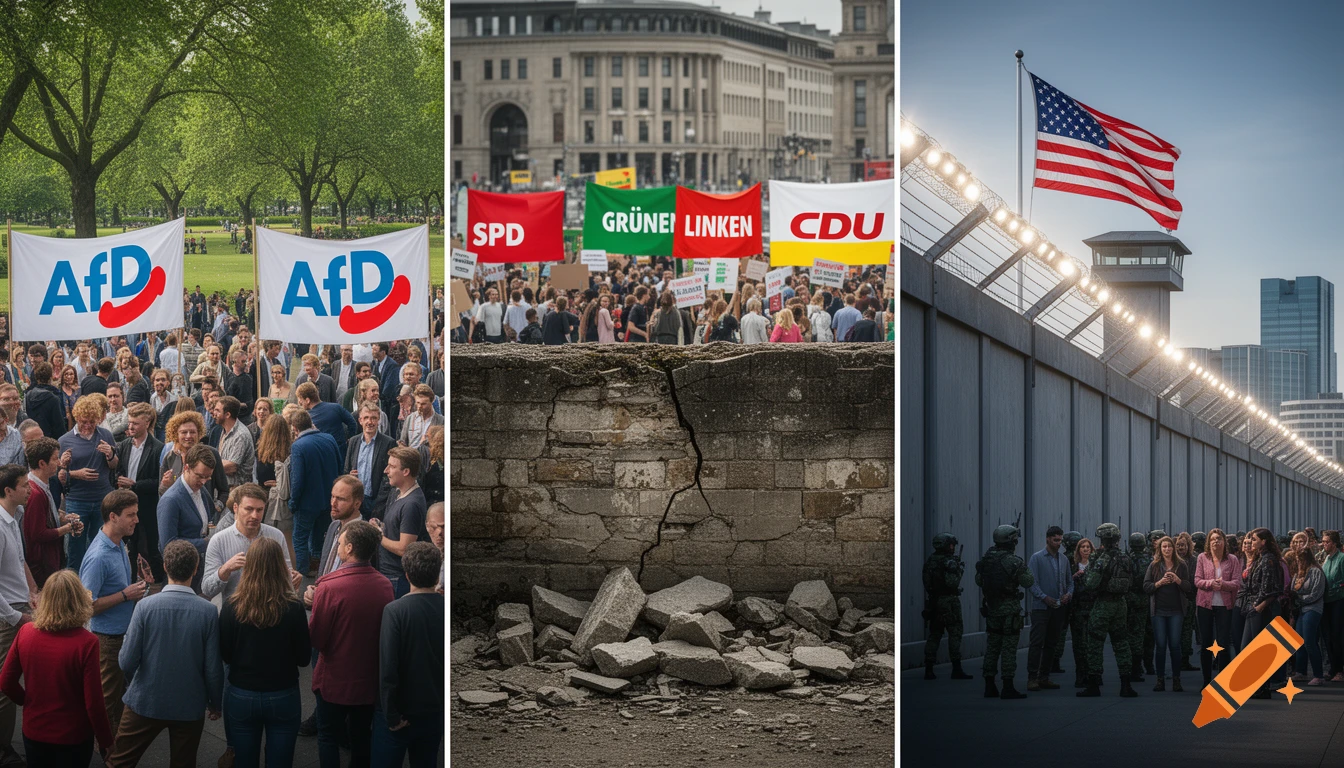 Triptych: German political rallies with AfD, SPD, Greens, Linken, CDU banners; a cracked wall; a border wall with a US flag and soldiers.