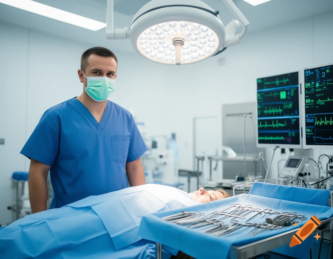 A male surgeon in blue scrubs and a face mask stands over a patient on an operating table in a photorealistic operating room.