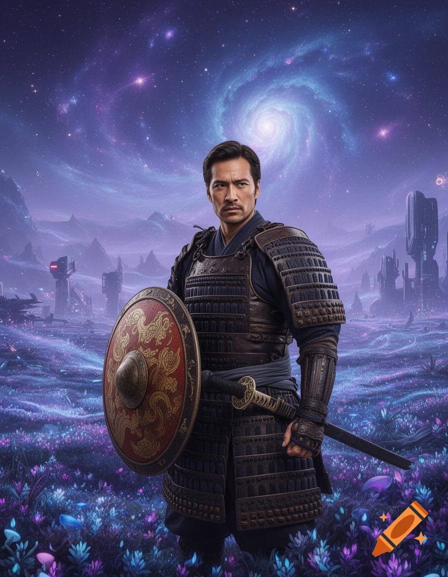 A man in samurai armor holds a shield and sword in a purple alien landscape with futuristic buildings and a swirling galaxy in the sky.