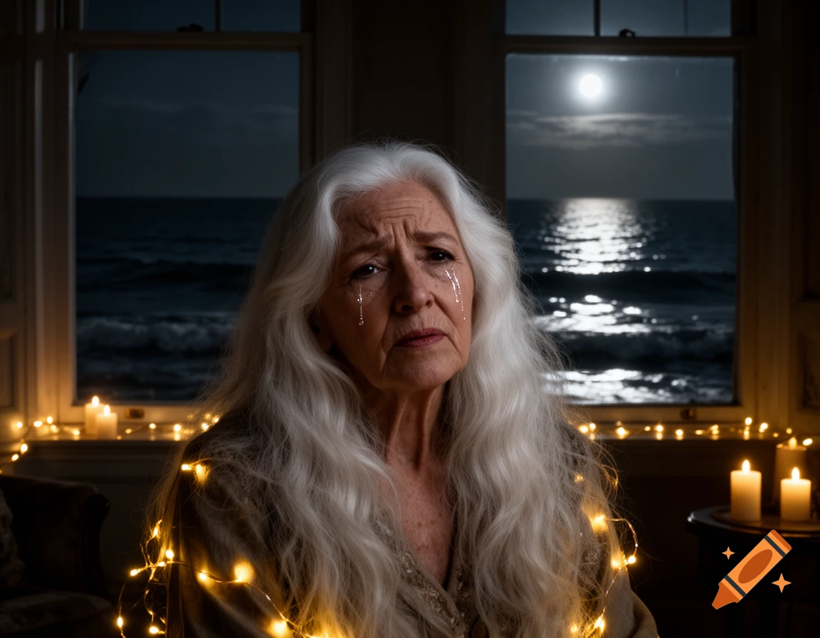 Photorealistic portrait of a sad elderly woman with long white hair, draped in fairy lights, crying by a window facing a moonlit ocean.