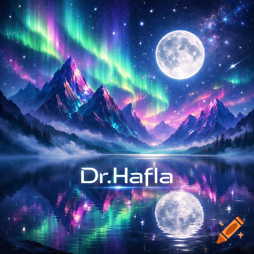 A vibrant, surreal fantasy landscape at night with aurora borealis over towering mountains and a lake reflecting the full moon and 'Dr.Hafla' text.