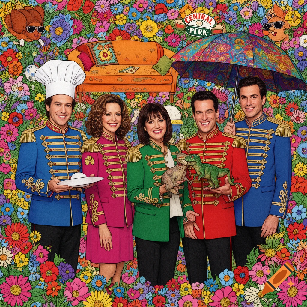 Five people in colorful military-style uniforms amidst a dense, vibrant floral pattern, with a 'Central Perk' sign and an orange couch in the background.