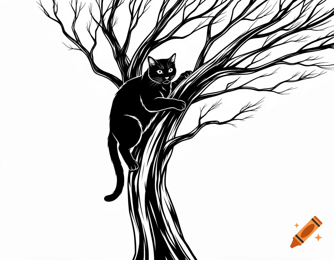 Black and white clipart of a black cat clinging to a bare tree.