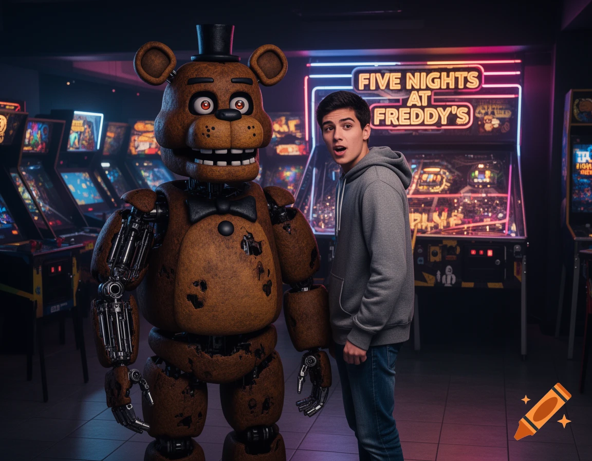 A young man stands next to Freddy Fazbear in a neon-lit arcade with a 'FIVE NIGHTS AT FREDDY'S' sign.