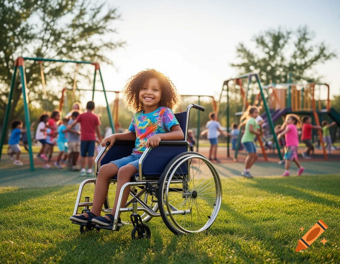 A smiling young girl with curly hair sits in a wheelchair in a sunny playground with other children playing in the background.