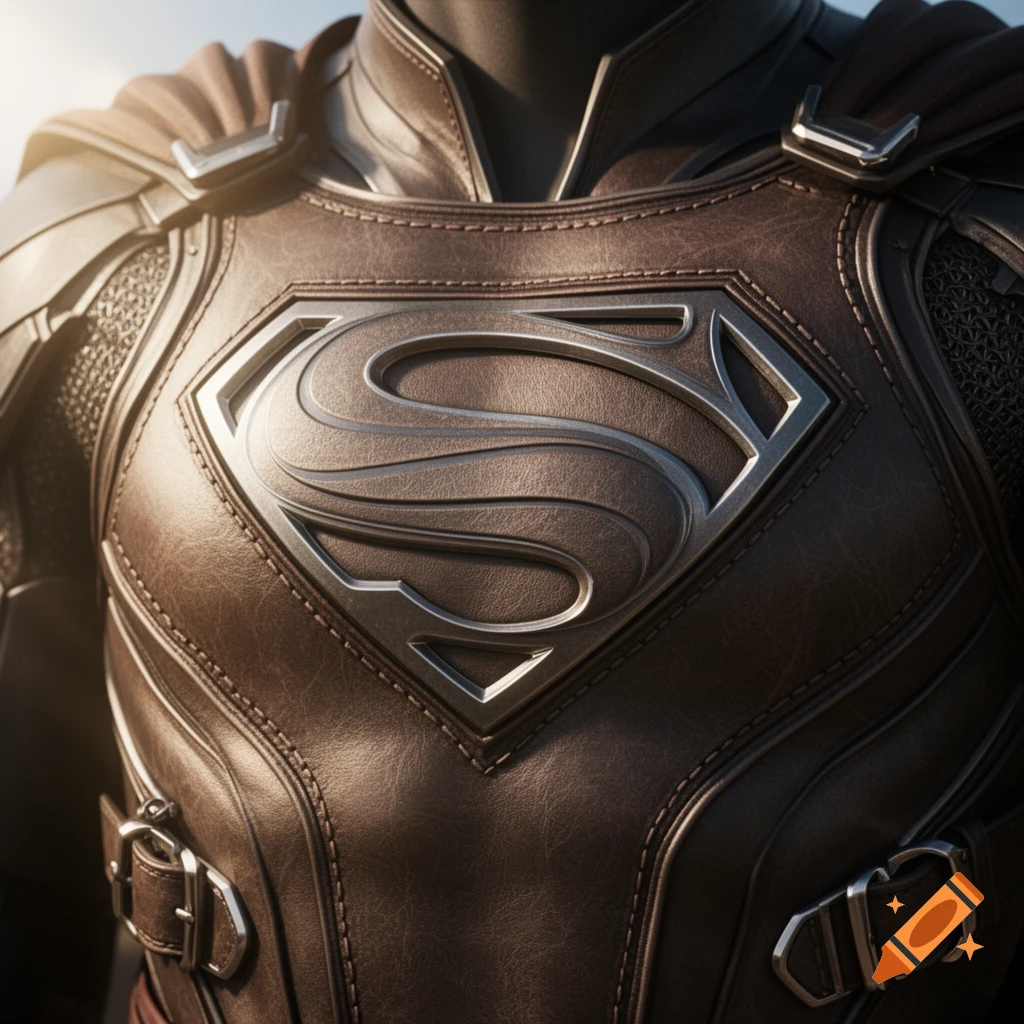 Close-up of a metallic silver Superman 'S' shield logo on detailed dark brown leather armor with buckles, under sunlight.