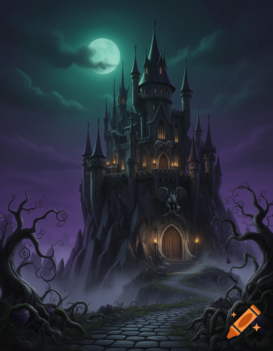 A dark, gothic castle with spires stands on a rocky hill under a teal ...