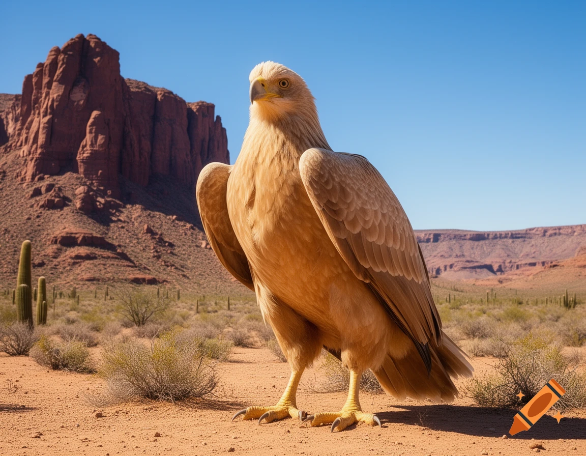 A majestic, giant golden eagle-like bird stands in a sunny desert landscape with red rock formations and cactuses.
