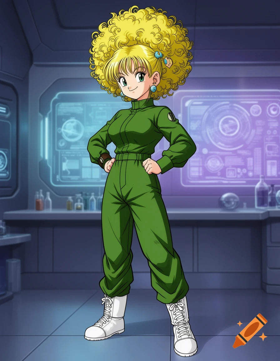 Anime woman with large yellow afro and green jumpsuit stands confidently in a sci-fi lab.