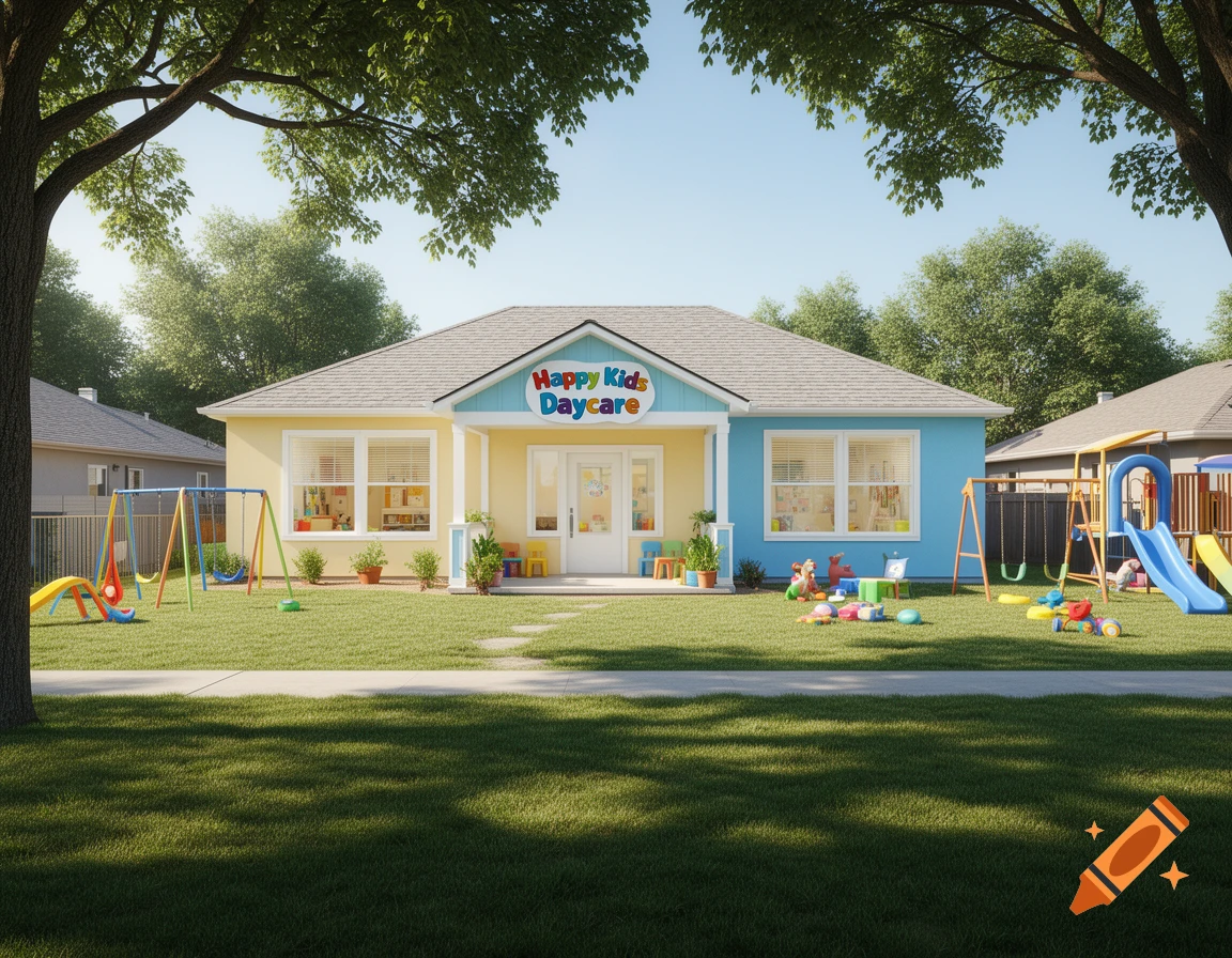 A photorealistic image of a colorful daycare building with a 'Happy Kids Daycare' sign, a green lawn, and playground equipment.