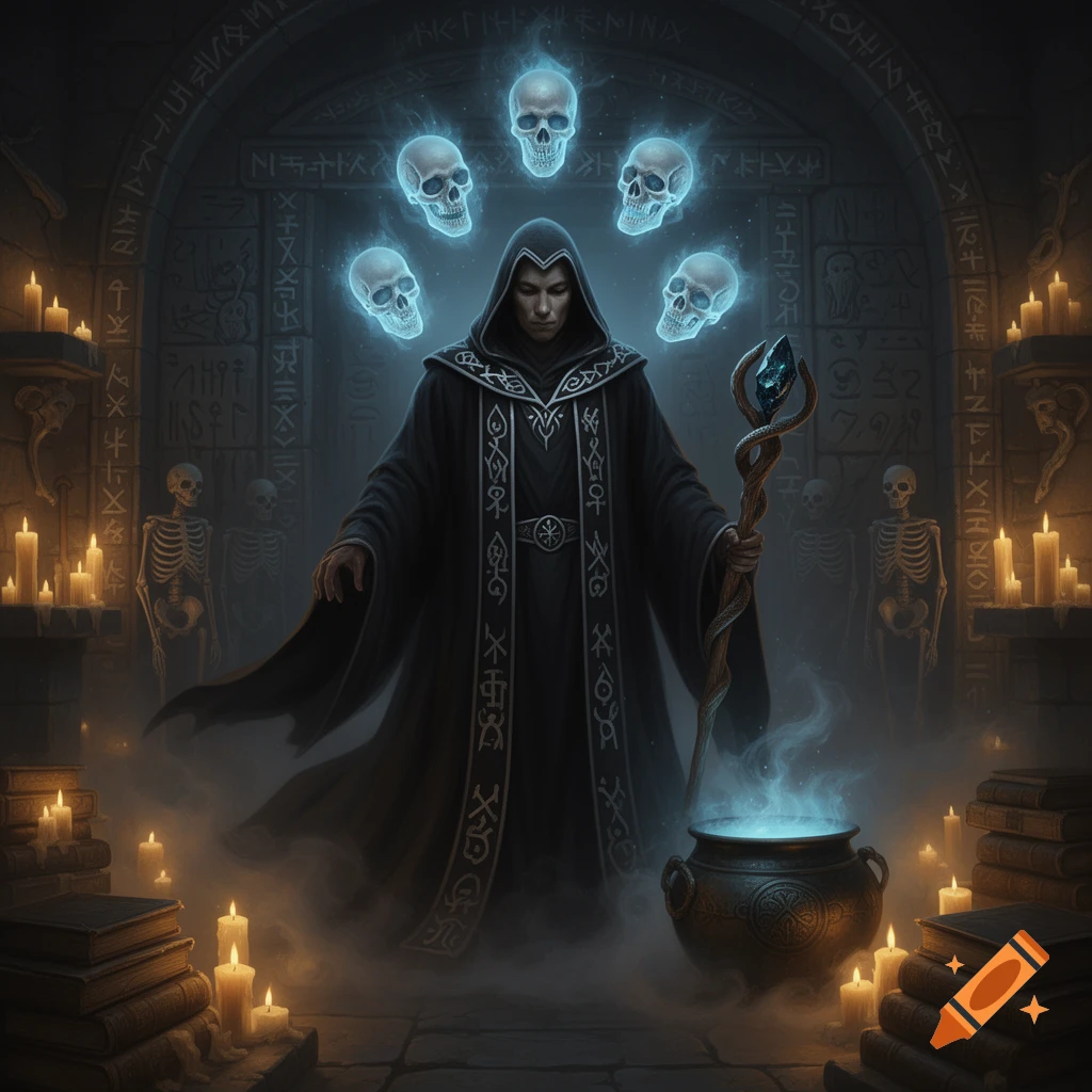 A dark robed sorcerer with glowing skulls floating above their head performs a ritual with a bubbling cauldron in an ancient, candlelit crypt.