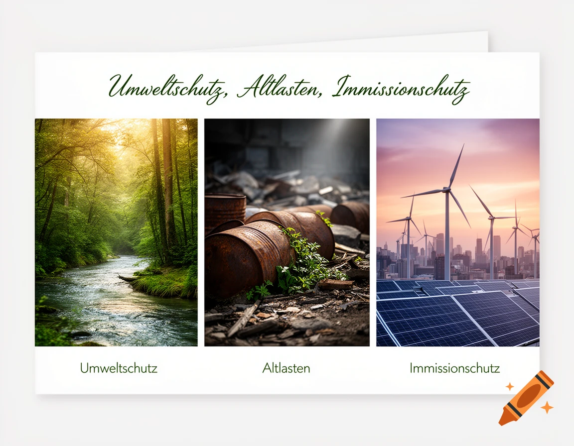 A greeting card with three panels: a river in a sunlit forest, rusty barrels in a polluted area, and wind turbines with solar panels over a city skyline at sunset. Text reads "Umweltschutz, Altlasten, Immissionsschutz".