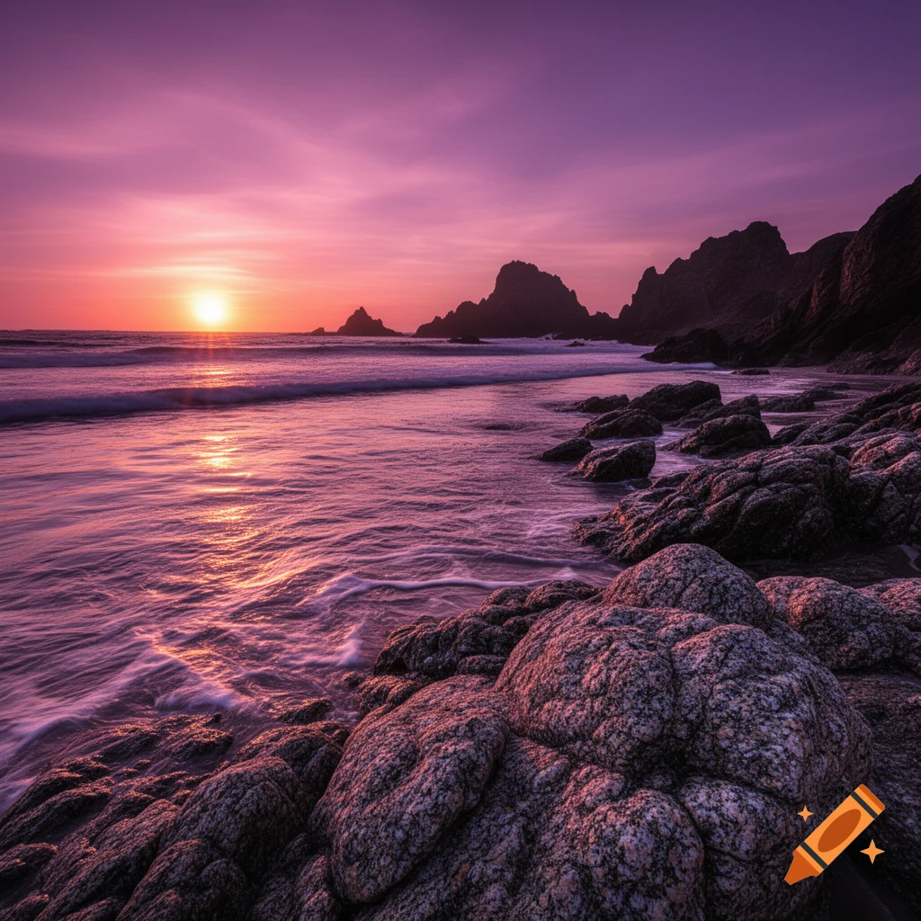 A vibrant purple and pink sunset over a rocky coast with waves gently washing ashore, reflecting the bright sun.