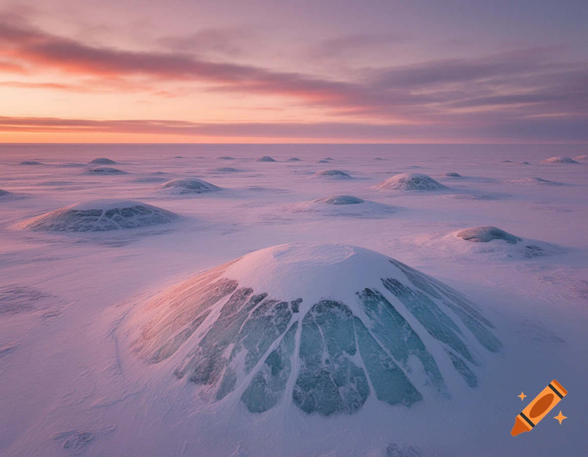 Photorealistic image of snow-covered pingos with exposed ice structures under a vibrant pink and purple sunset sky.