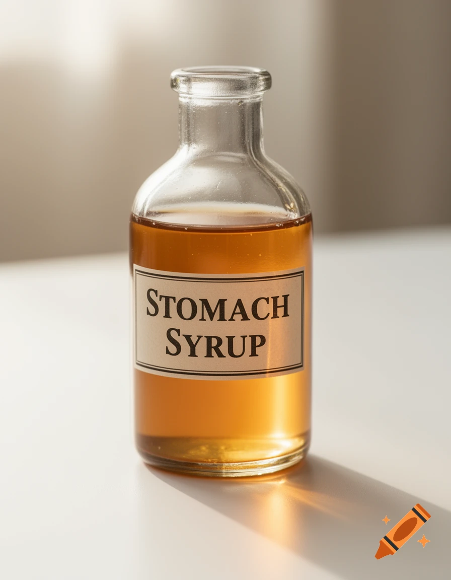 A clear glass bottle filled with amber liquid, labeled "STOMACH SYRUP", stands on a white surface with shadows from sunlight.