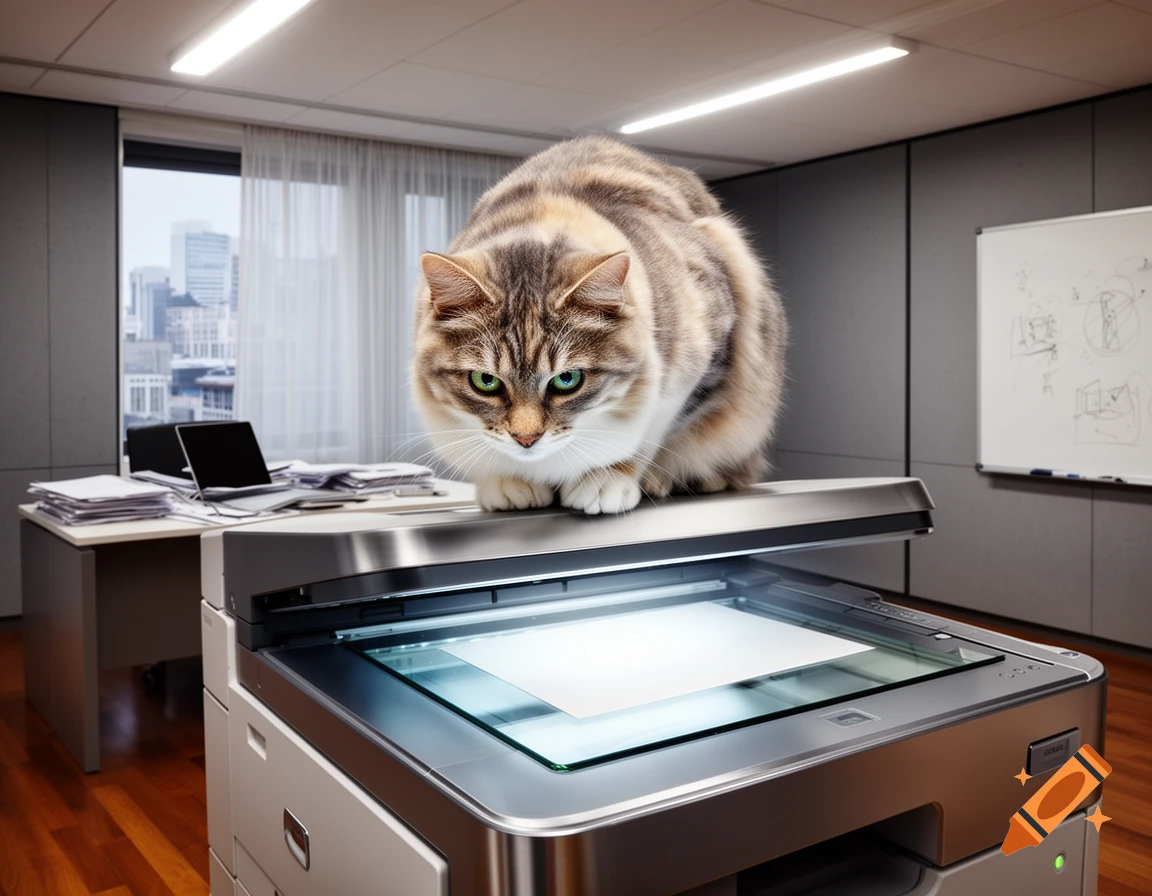 A photorealistic fluffy cat with green eyes crouches on a shiny office ...