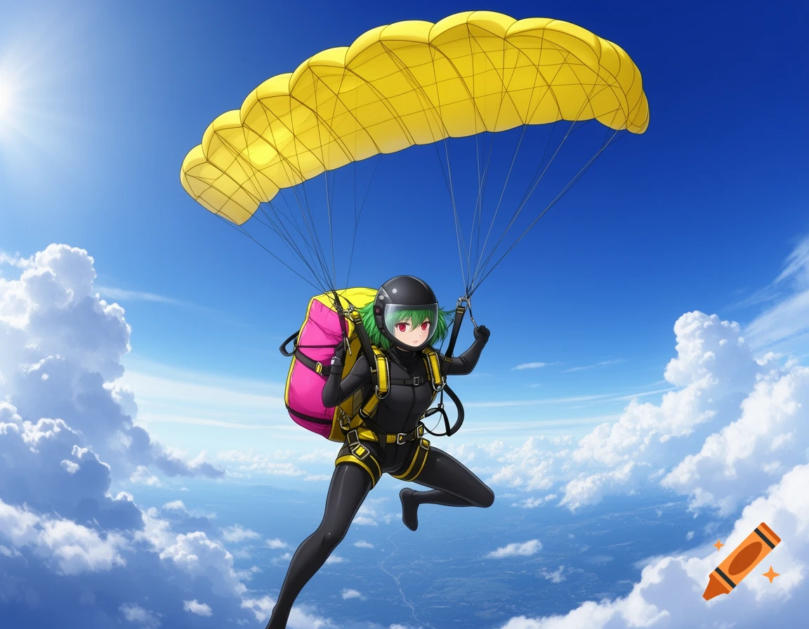 Anime girl with green hair and a black catsuit parachuting under a yellow chute against a blue sky with clouds.